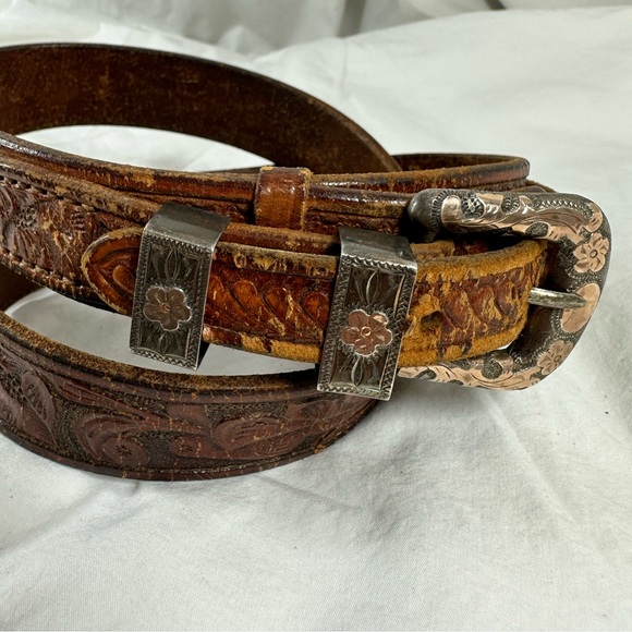 Vintage 4 piece sterling tan western tooled leather belt small - Picture 13 of 13